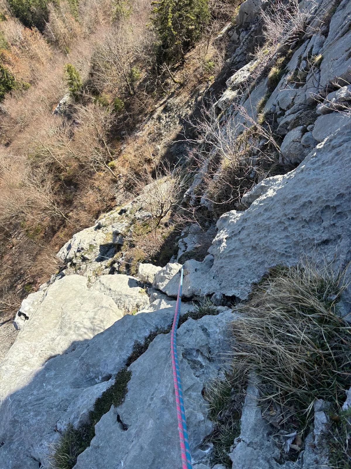 Vue plongeante depuis une paroi, corde rose tendue vers le bas et vallée végétale au fond