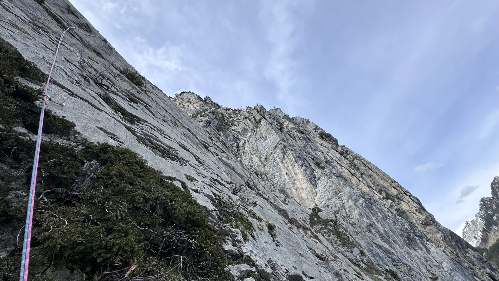 Vue depuis un relais en hauteur, vallée en contrebas, ciel voilé