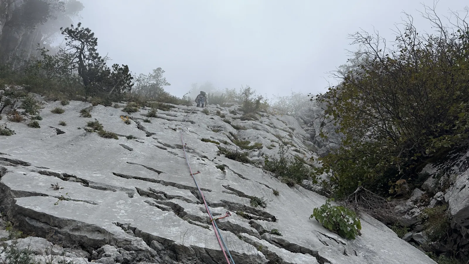 Dalle calcaire dans le brouillard, corde tendue vers le haut