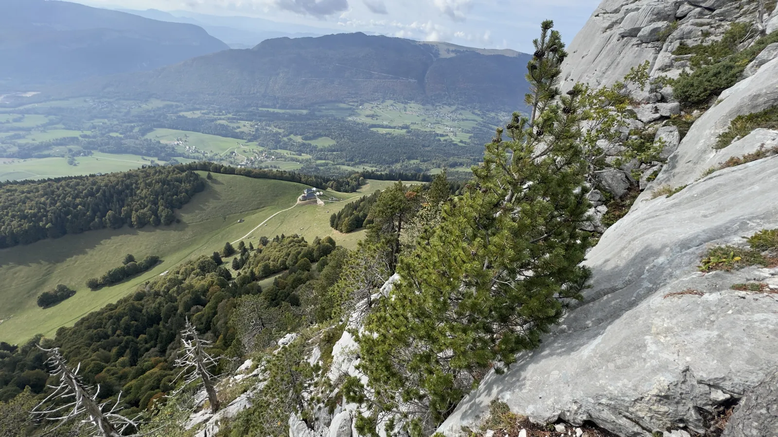 Vue plongeante sur la vallée et l'alpage depuis le haut d'une paroi