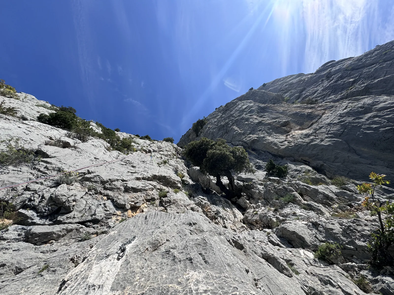 Paroi calcaire avec arbres et soleil