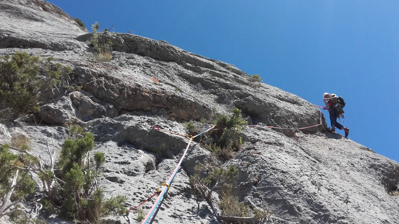 Vue plongeante depuis le sommet d'une longueur — cordes pelotonnées rouge et bleue au premier plan, gorges du Verdon en arrière-plan