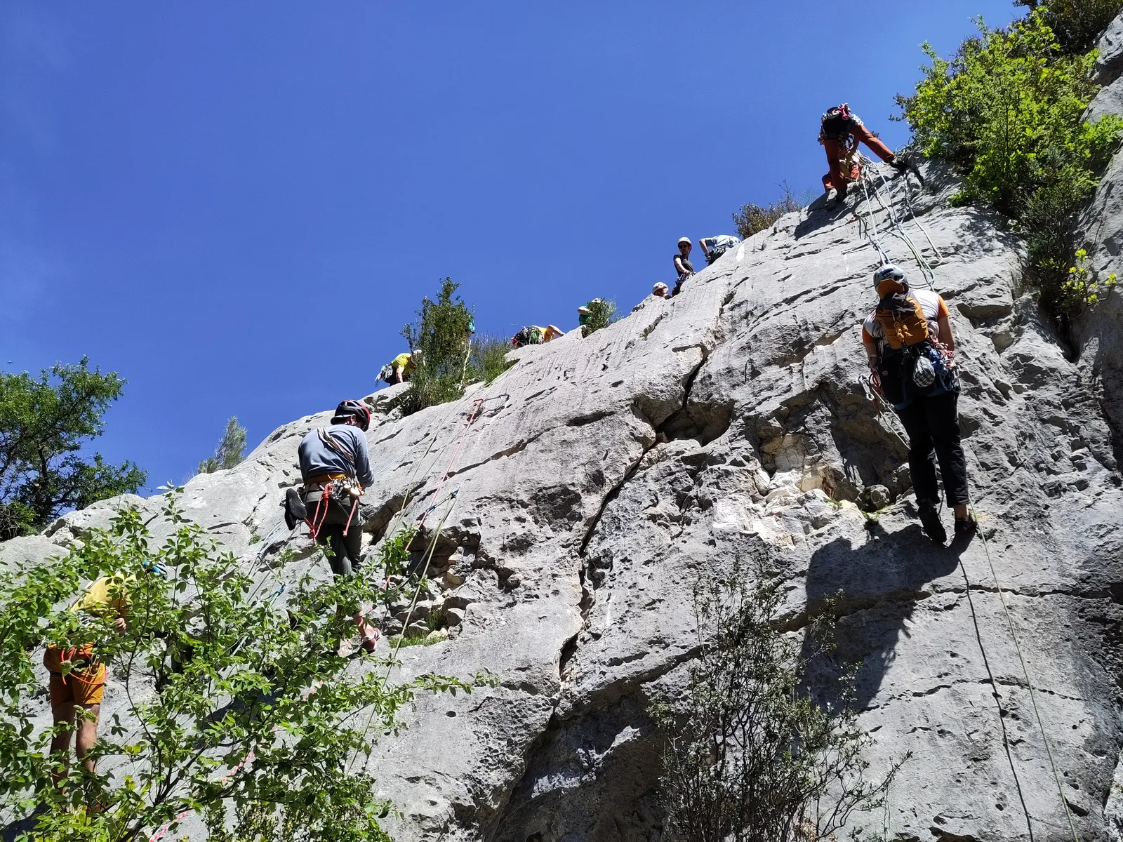 Grimpeur sur dalle calcaire blanche en pleine progression
