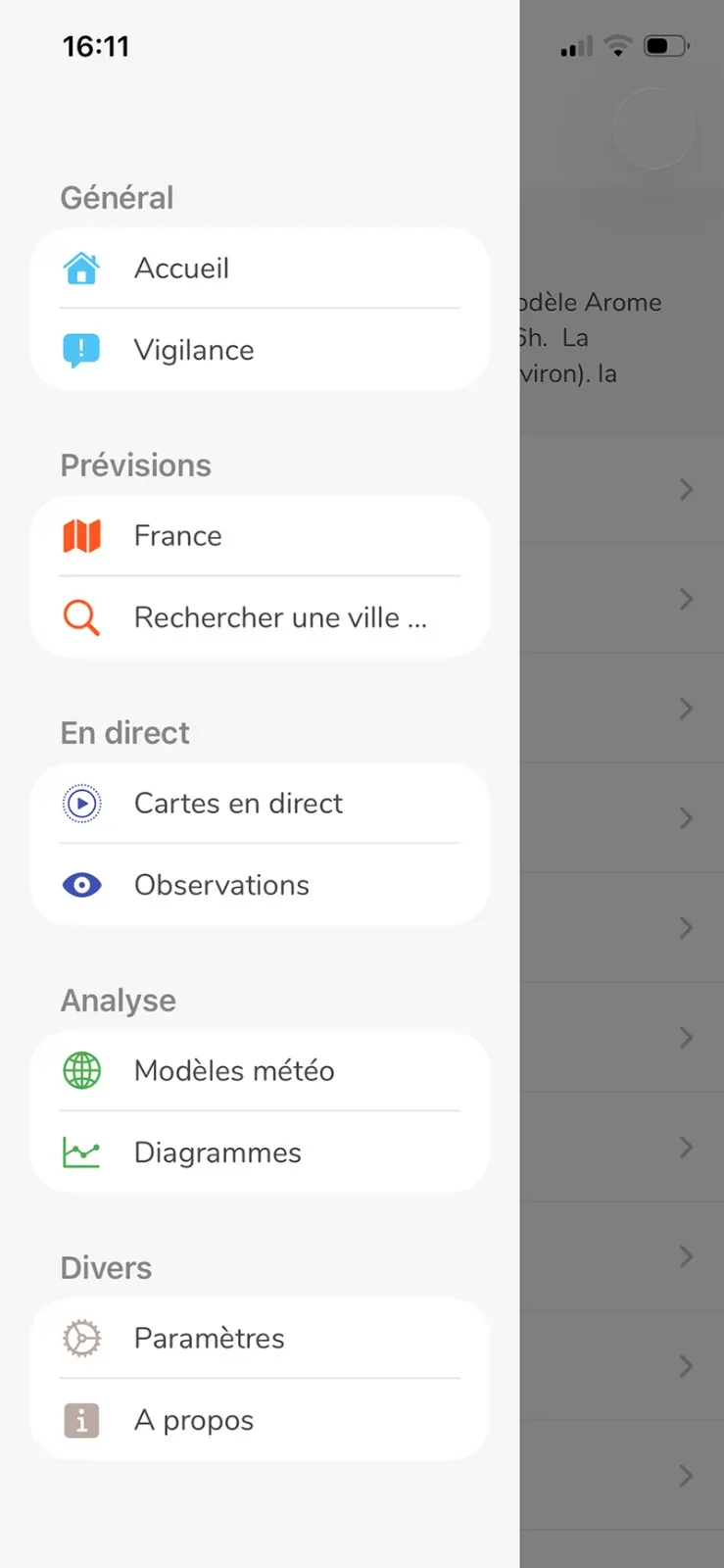 Menu de l'application Météociel — accès aux cartes et modèles météo