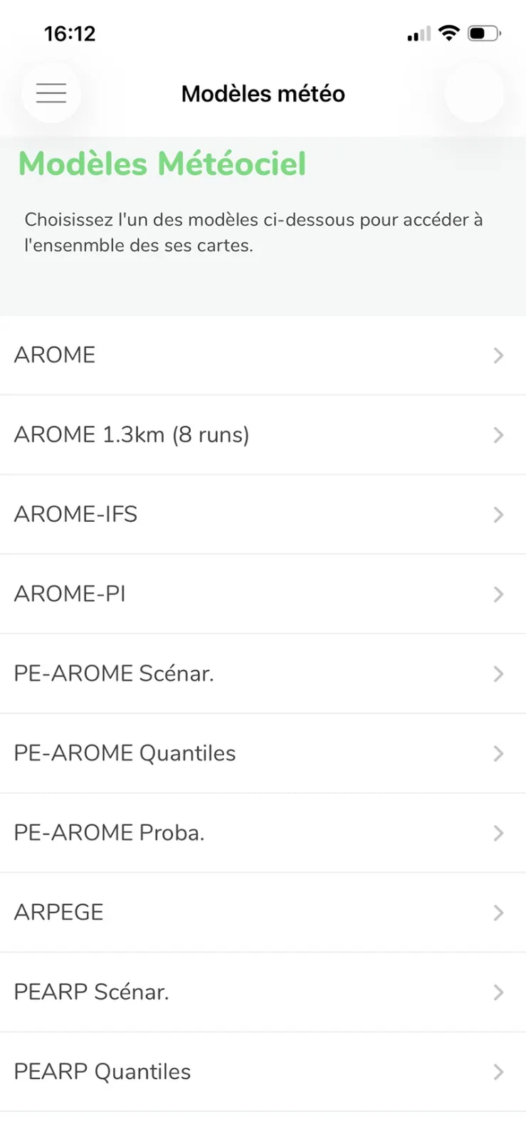 Météociel — interface de sélection des modèles météo disponibles
